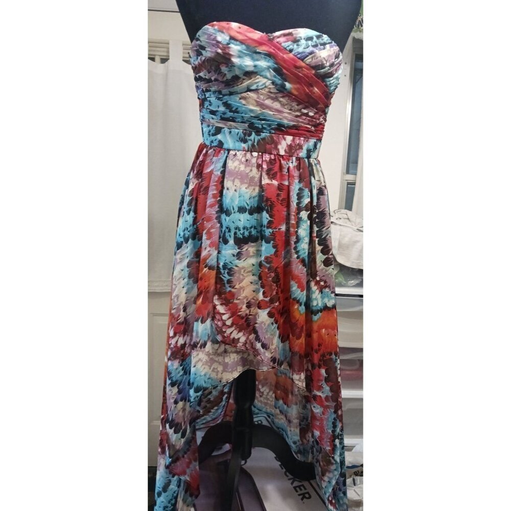 Aidan Mattox Feather Print Highlow Strapless Dress Multicolor Size 0 - Picture 3 of 10